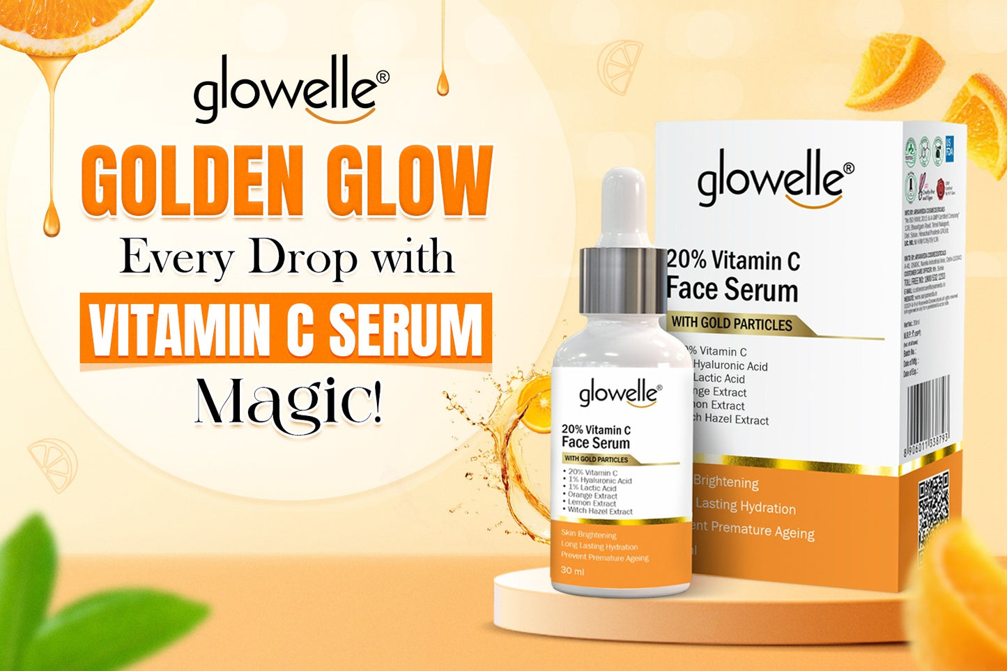 Aryanveda Glowelle Vitamin C 20% Brightening Serum with Gold Particles - 30ml