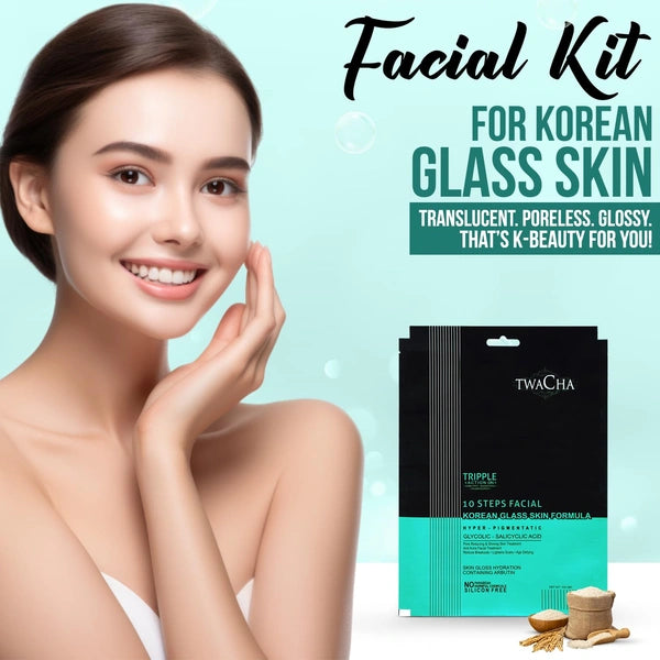Twacha 10 Steps Facial Kit With Glycolic & Salicylic Acid | Korean Glass Skin Facial | Instant Brightening, Pigmentation Removal, Firm & Glowing Skin 105gms