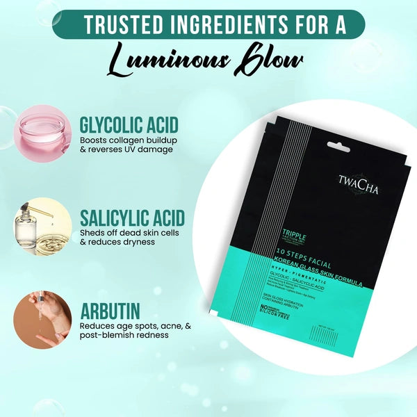 Twacha 10 Steps Facial Kit With Glycolic & Salicylic Acid | Korean Glass Skin Facial | Instant Brightening, Pigmentation Removal, Firm & Glowing Skin 105gms