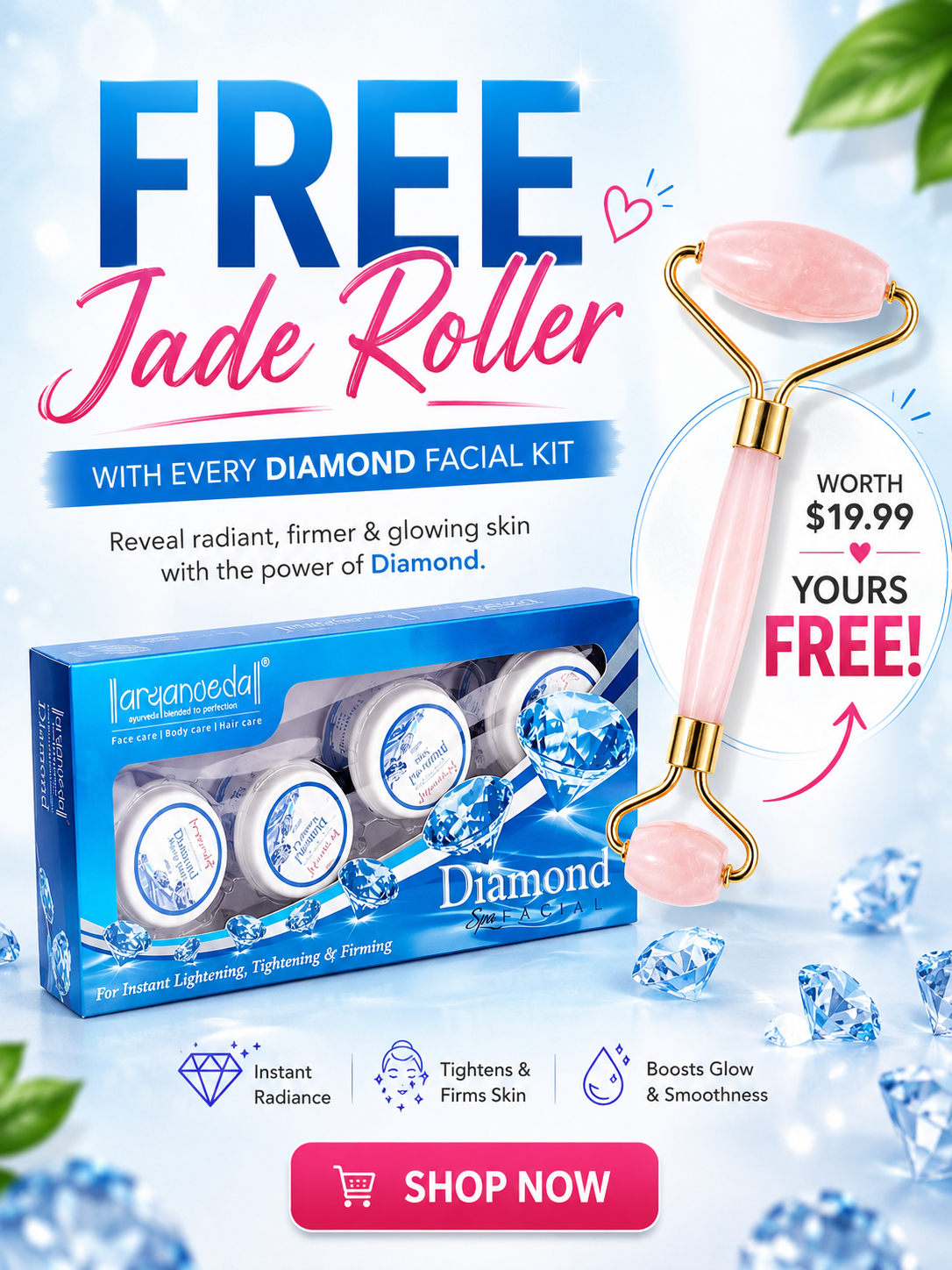 Aryanveda Diamond Facial Kit + FREE Rose Quartz Jade Roller (Worth $19.99)