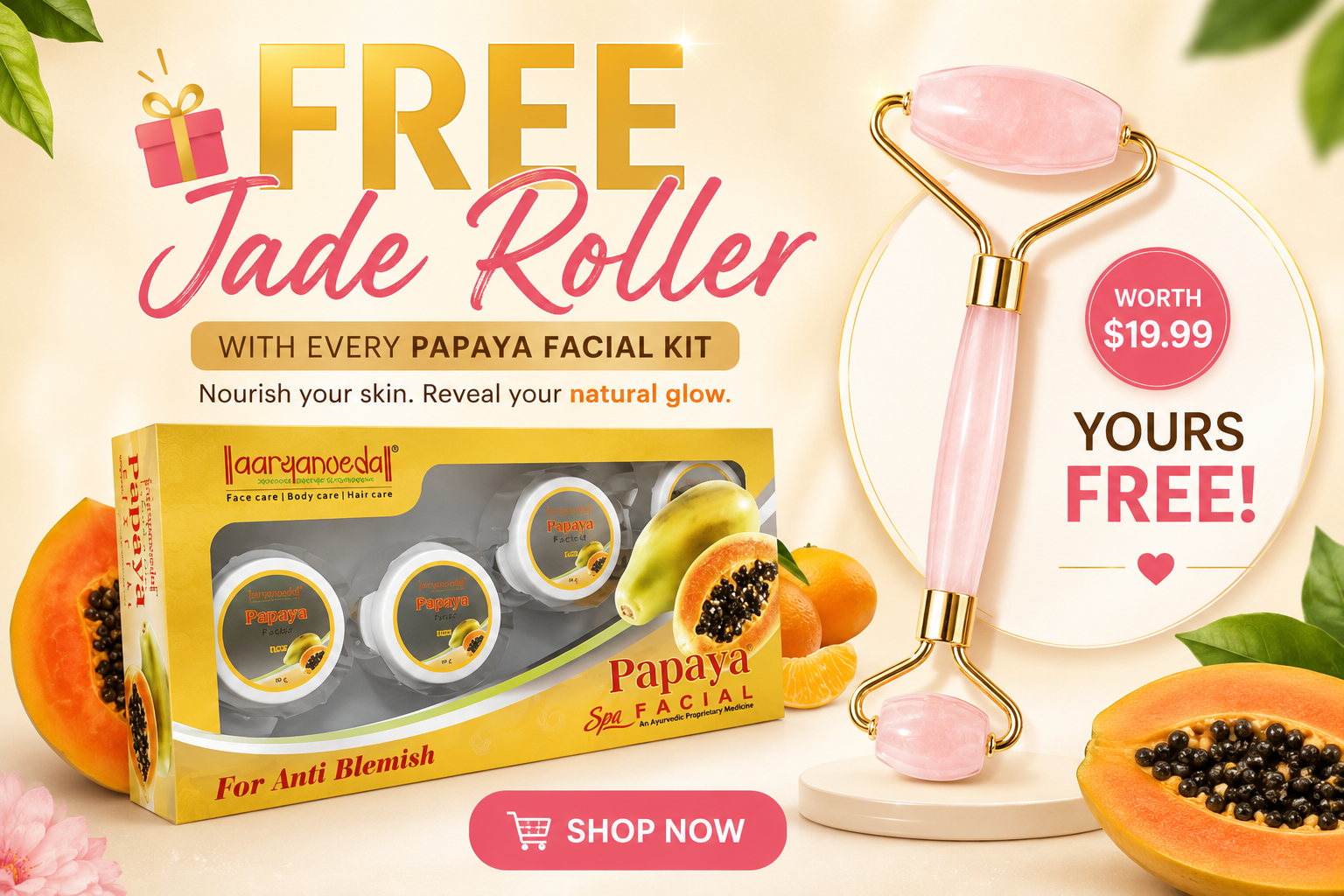 Aryanveda Papaya Anti Blemish Facial Kit 210gm + FREE Rose Quartz Jade Roller worth $19.99