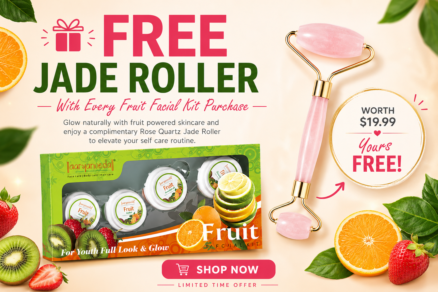 Aryanveda Fruit Facial Kit 210g + FREE Rose Quartz Jade Roller (Worth $19.99)