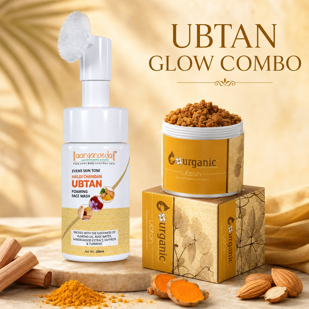 Aaryanveda Ubtan Glow Combo, Haldi Chandan Foaming Face Wash and Organic Ubtan, 100g Each