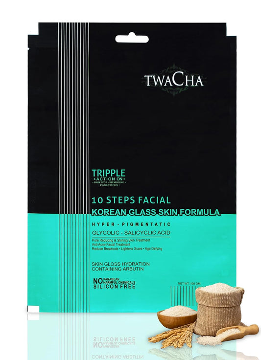 Twacha 10 Steps Facial Kit With Glycolic & Salicylic Acid | Korean Glass Skin Facial | Instant Brightening, Pigmentation Removal, Firm & Glowing Skin 105gms