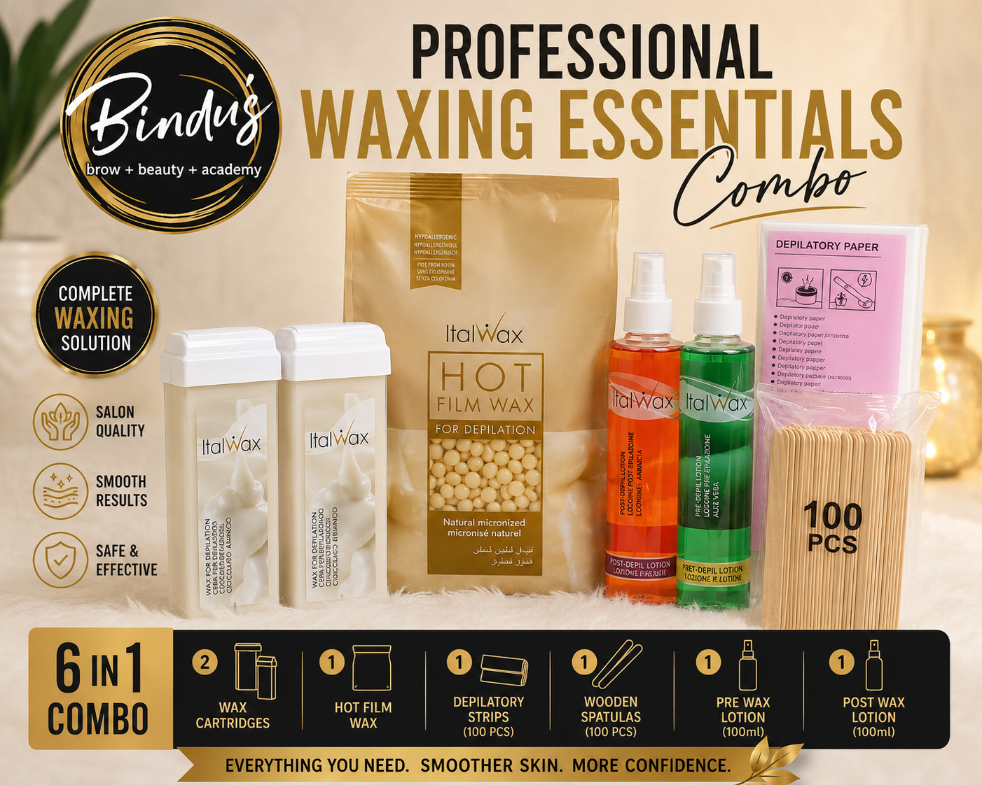 Waxing Starter Combo Kit, 6 in 1 Professional Salon Waxing Essentials