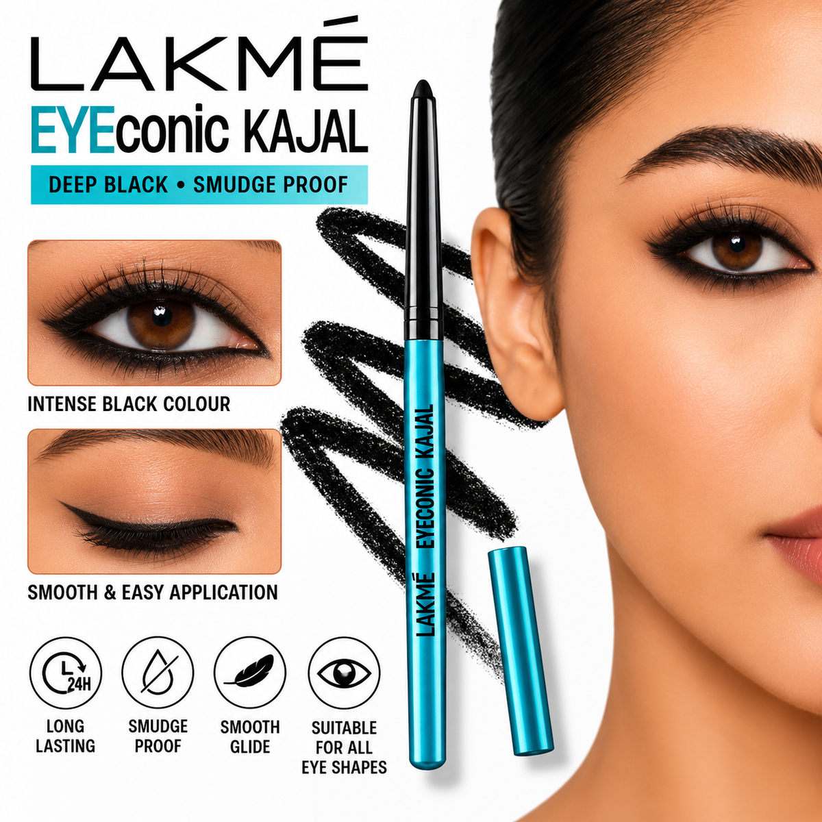 Lakmé Eyeconic Kajal, Intense Black Waterproof & Smudge Resistant Eye Pencil