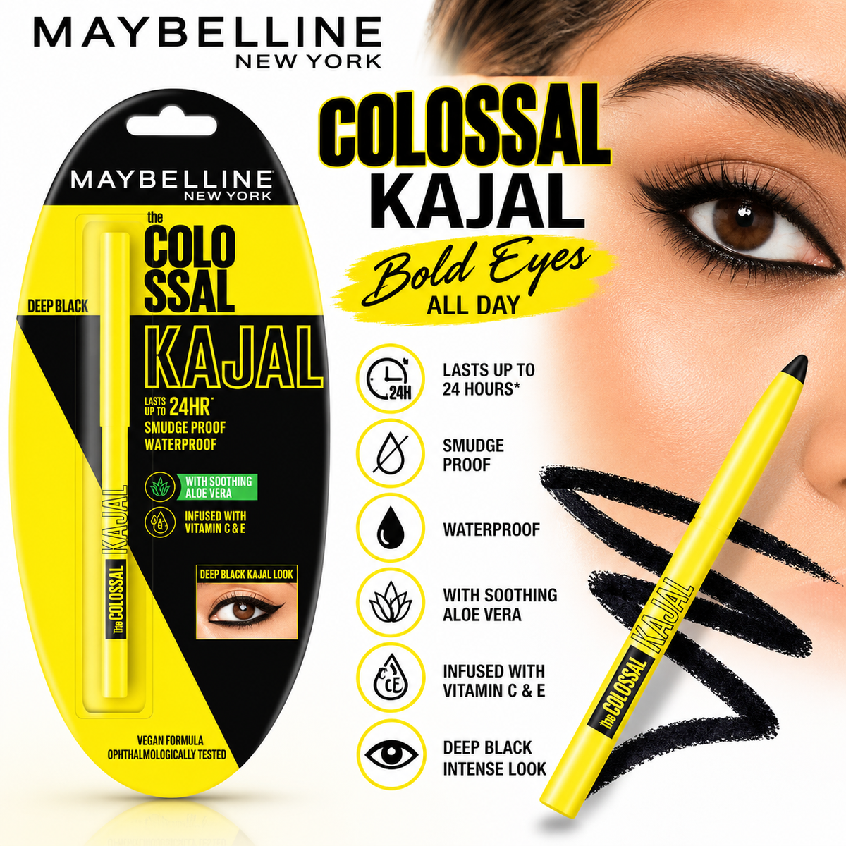 Maybelline New York The Colossal Kajal Deep Black, Waterproof & Smudge Proof, 24 Hour Wear
