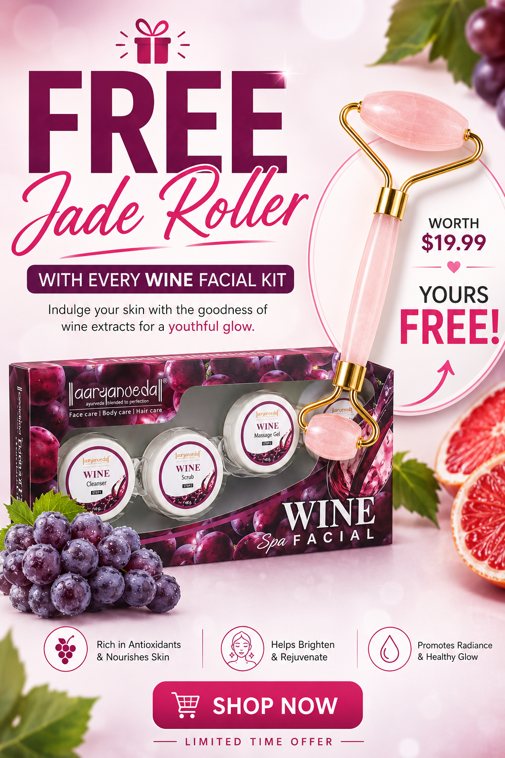 Aryanveda Wine Facial Kit + FREE Rose Quartz Jade Roller (Worth $19.99)