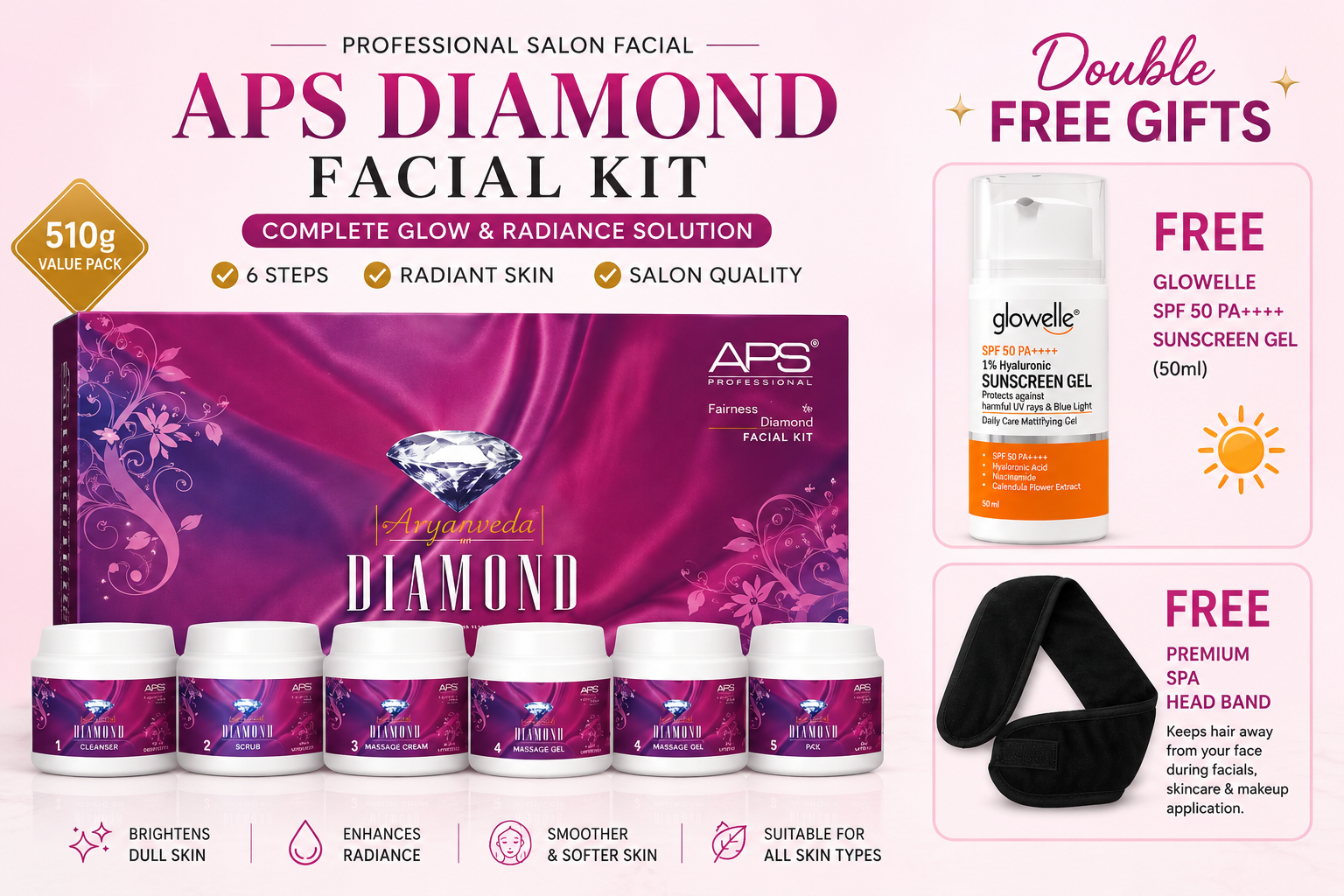 APS Aryanveda Diamond Facial Kit 510g + FREE SPF50 Sunscreen + FREE Head Band

✨ Double Free Gift Offer ✨