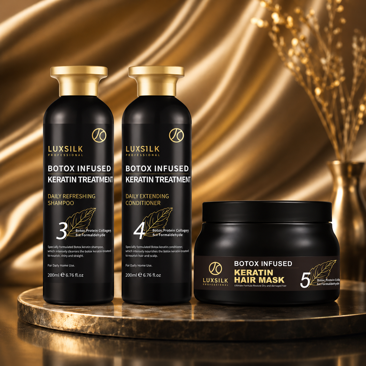 LUXSILK Keratin Botox Infused Shampoo, Conditioner & Hair Mask Set 200ml x 3