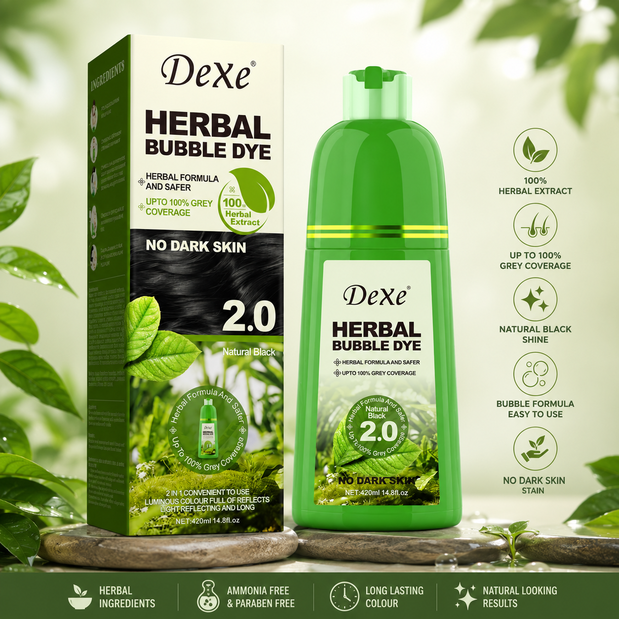 DeXe Herbal Bubble Hair Dye 2.0, Natural Black, Herbal Grey Coverage Hair Colour, 420ml
