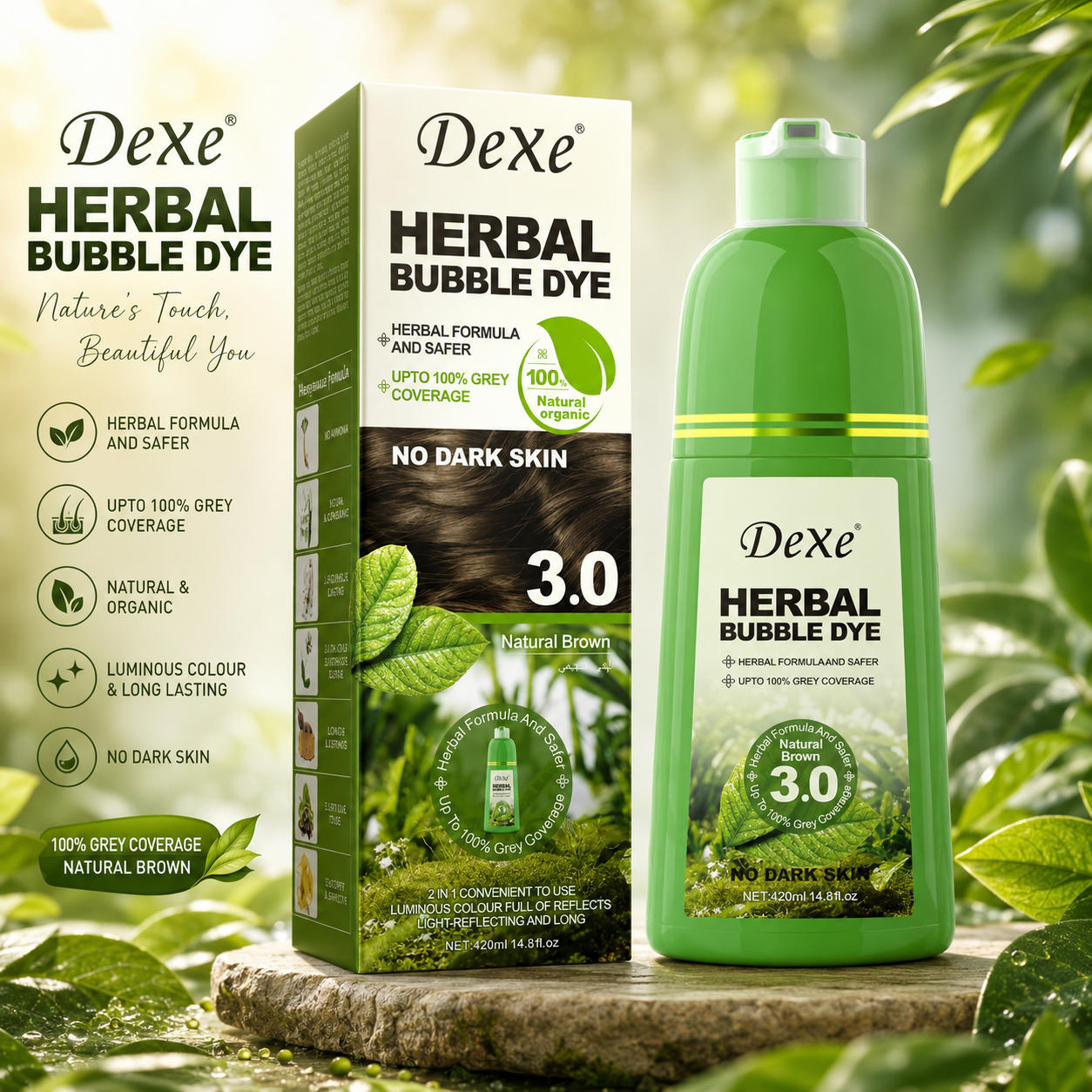 DeXe Herbal Bubble Hair Dye 3.0, Natural Brown, 420ml