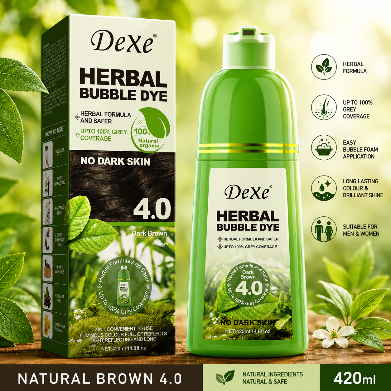 DeXe Herbal Bubble Hair Dye 4.0, Dark Brown, 420ml