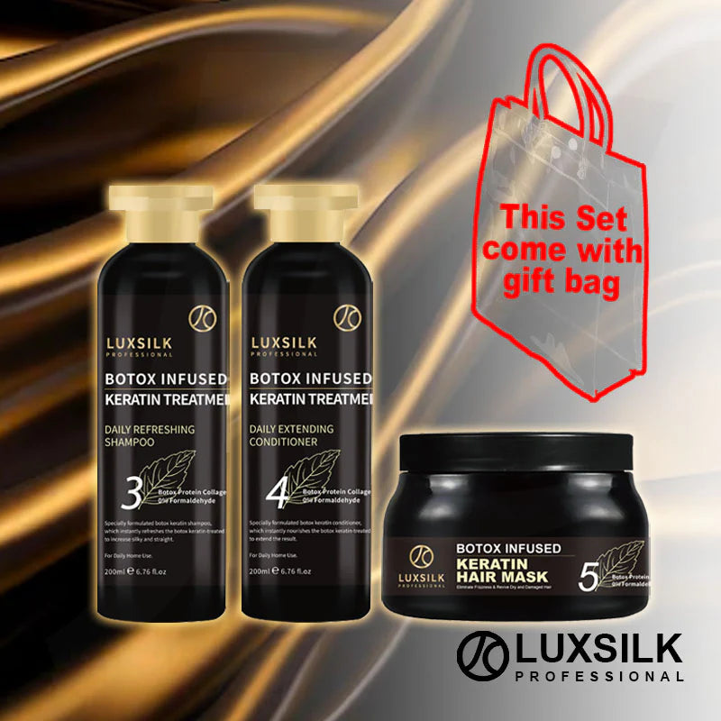 LUXSILK Keratin Botox Infused Shampoo Conditioner Mask Gift Bag Set 200mlx3