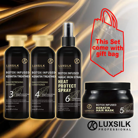 LUXSILK Keratin Botox Infused Shampoo Conditioner Spray Mask Gift Bag Set 200mlx4